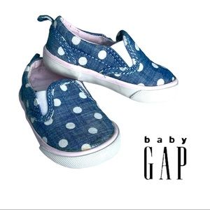 🌟3for$30 Baby GAP PEANUTS Blue Denim Polkadot Tennis Shoes Loafers 18mos/sz5